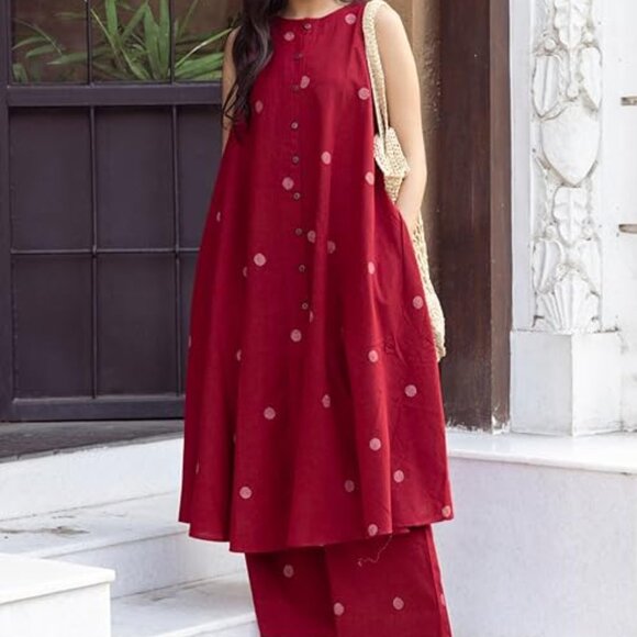 Printed Maroon Hand-Print Kurta Set|A-Line Kurta With Palazzo - Picture 3 of 5